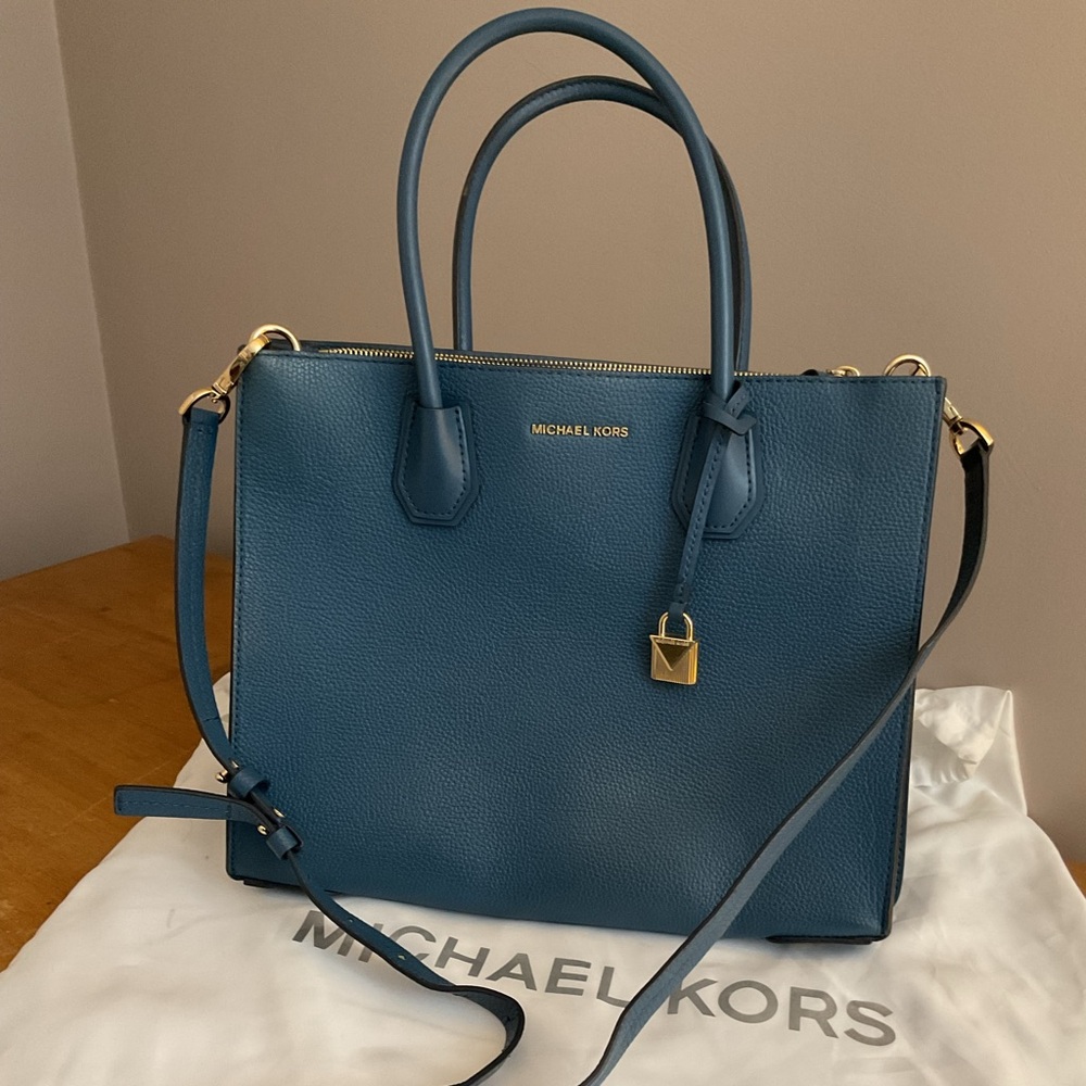 Michael Kors Mercer Studio Large Pebbled Leather Satchel Tote Crossbody (Blue)